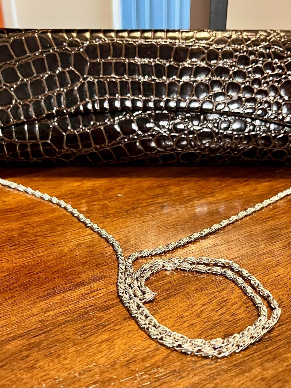 Brown Crocodile-Embossed Clutch with Detachable Silver Shoulder Strap/Chain